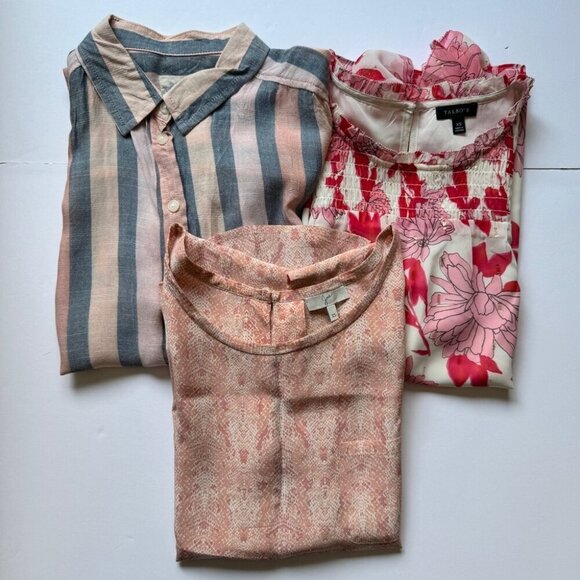 Bundle of 3 Blouses Talbots  Metallic Floral American Eagle Pink Joie Silk Sz XS - Picture 1 of 16
